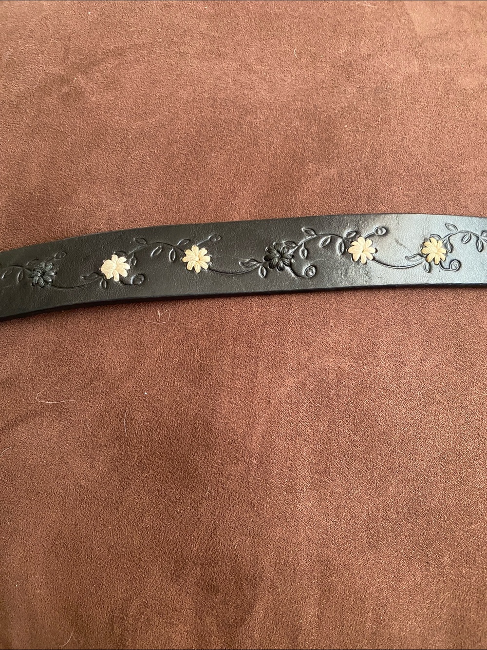 Black Genuine Leather Belt, Floral Embossed & Embroidered Solid Brass Buckle
